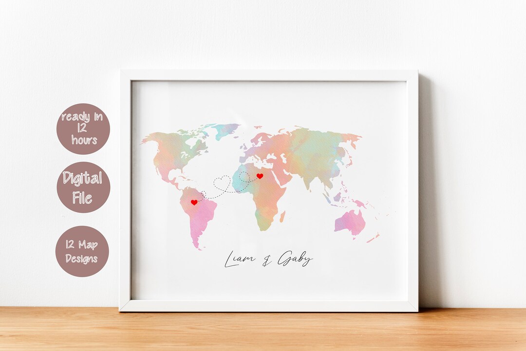 International Love Map Art, Long Distance Relationship Gift for ...