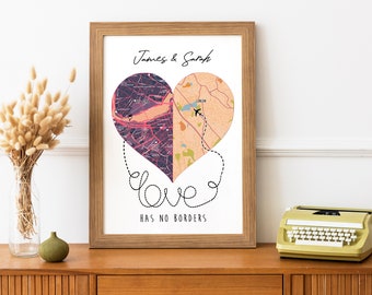 Long Distance Relationship Print / Long Distance Gift Ideas / Custom Map Print / Personalized Map Print / Boyfriend Gift love has no borders
