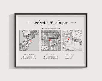 Met Engaged Married Map – Personalized Map Art for Couples | Custom 3-Location Love Story Print