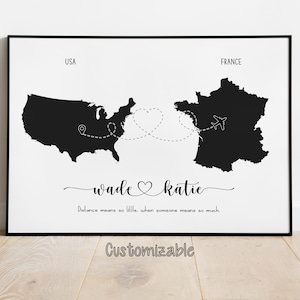 Impressão de mapa personalizado - Quaisquer dois países ou estados - Arte de mapa personalizada - 42 opções de cores de mapa | Mapa de amor/amigos | relacionamento de longa distância