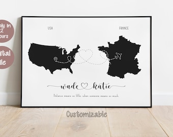 Personalised Map Print - Any two countries or States - Custom Map Art - 42 Map color options |Love/Friends Map | long distance relationship