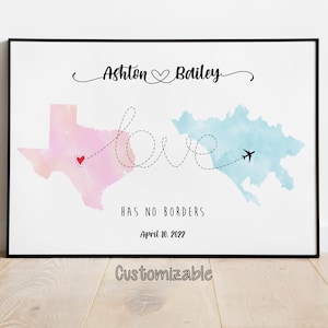 Impression de carte personnalisée - Deux pays ou États - Art de carte personnalisé - 12 options de conception de carte | Carte de l'amour/des amis | relation à distance