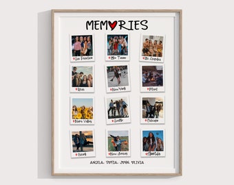 May include: A framed print with the word "MEMORIES" in black and red, featuring 12 small photos with location labels like San Francisco and New York. The names Angela, Sofia, John, and Olivia are at the bottom.