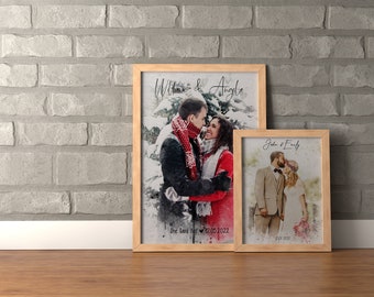 Watercolor Anniversary Portrait, Personalized Couple Digital Art, Custom Printable Wall Art, Romantic Gift for Wedding or Christmas
