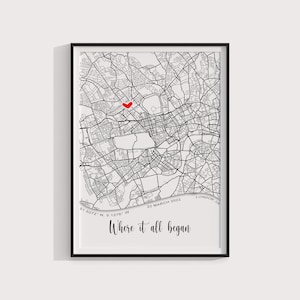 Mapa personalizado "Onde tudo começou" - Impressão personalizada do primeiro encontro ou local do casamento, presente de aniversário exclusivo"