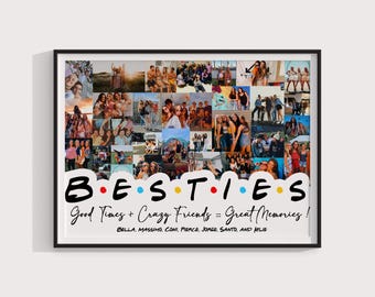 Può includere: Un collage di foto di amici con il testo "BESTIES Good Times + Crazy Friends = Great Memories! BELLA, MASSIMO, CONI, PIERCE, JORGE, SANTO, AND KYLIE" stampato sotto.