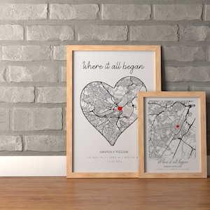 Où tout a commencé, carte du lieu où nous nous sommes rencontrés, cadeau d'anniversaire, carte du coeur, notre histoire, cadeau de premier rendez-vous, La nuit où nous nous sommes rencontrés, coeur souvenir de notre premier rendez-vous