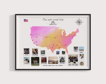 May include: Framed map art print of the United States with a watercolor effect in pink and yellow. The map highlights a road trip route with photo inserts and the text "The epic road trip Summer 2024". Includes a compass and American flag.