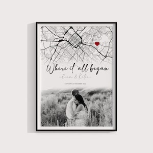 Onde tudo começou presente de noivado personalizado personalizado para casal | Presente de foto de noivado, aniversário, localização de mapa personalizado, presente emoldurado