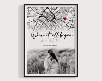 Donde todo empezó, regalo de compromiso personalizado para pareja / Regalo de foto de compromiso, aniversario, ubicación de mapa personalizada, regalo enmarcado