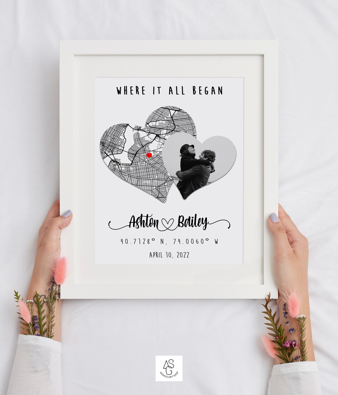Heart Map Gift for Couple, Engagement Location Map, Newly Engaged Gift ...