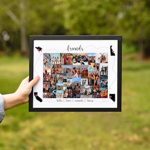 Puede incluir: Un collage de fotos enmarcado en negro con fondo blanco. El collage presenta un mapa de California con fotos de amigos en diferentes lugares. El texto "friends" está escrito en la parte superior del collage. Los nombres "Bella", "Liam", "Arianna" y "Harry" están escritos debajo del mapa.