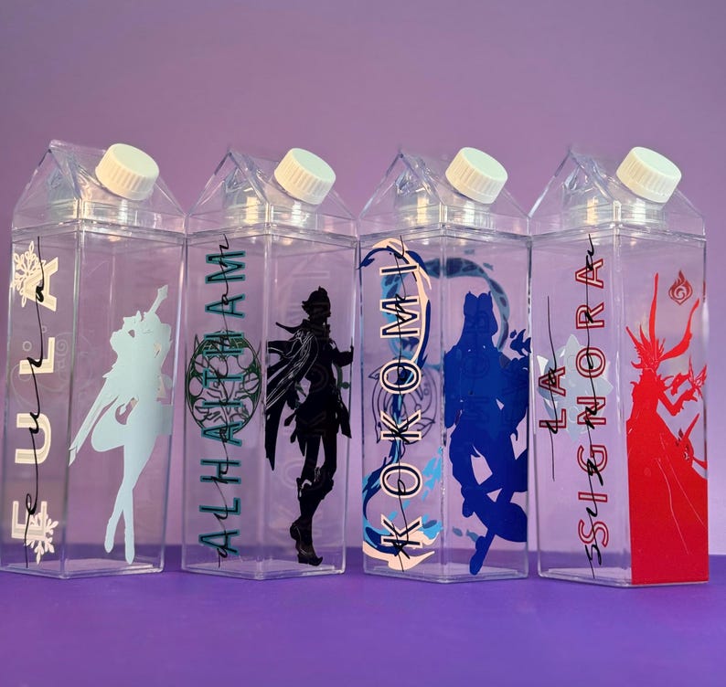 May include: Four clear plastic milk carton-shaped water bottles with white caps. Each bottle features a different character design in various colors: light blue, black, blue, and red. The bottles have character names printed on them.