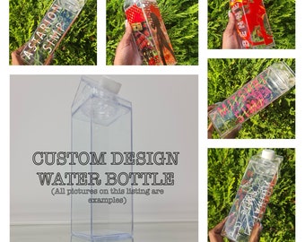May include: Clear plastic water bottle shaped like a milk carton with a white lid. The bottle has a custom design with the text "PASTARION SIMP" printed on it.  The bottle is shown on a white background.  Custom Design Water Bottle (All pictures on this listing are examples).
