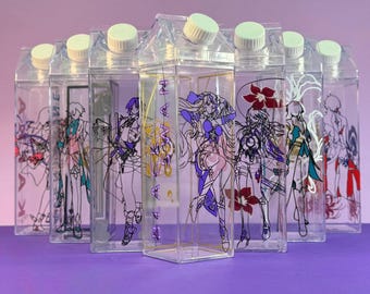 May include: Set of eight clear plastic milk carton-shaped water bottles with colorful anime-style illustrations printed on the sides.