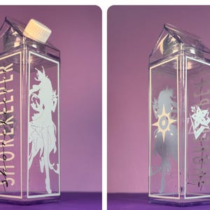 May include: Clear plastic water bottle with a white cap. The bottle has a rectangular shape with a design of a woman and the word "SHOREKEEPER" in white. The background is a solid purple.