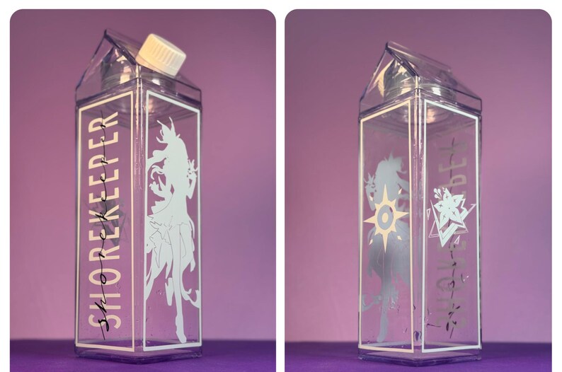 May include: Clear plastic water bottle with a white cap. The bottle has a rectangular shape with a design of a woman and the word "SHOREKEEPER" in white. The background is a solid purple.