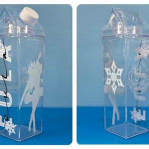 May include: Clear plastic water bottle shaped like a milk carton, with a white cap. The bottle features white snowflake and character designs, along with the word "FULA" in white script. The bottle is on a blue background.