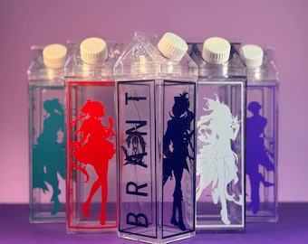 May include: Five clear plastic water bottles with white caps. Each bottle has a different colored silhouette of a person. The word "BRANT" is printed vertically on one bottle. The bottles are on a purple background.