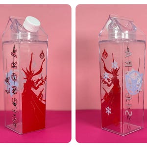 May include: Clear, rectangular water bottle with a white cap. The bottle features a red graphic of a figure with the text "LA GNORA" in black. Additional graphics include a white snowflake and a blue floral design.