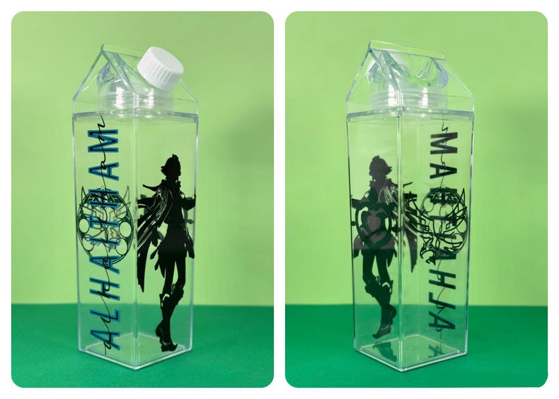 May include: Clear plastic water bottle with a white cap, shaped like a milk carton. The bottle features a black silhouette of a character and the name "ALHAAM" in teal. The design includes a teal circular graphic.