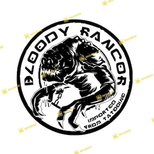 Puede incluir: Ilustración en blanco y negro de una criatura con garras y dientes afilados dentro de un círculo con el texto "Bloody Rancor Imported from Tatooine".