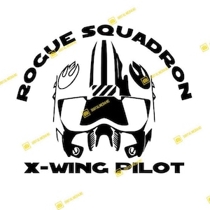 Peut inclure: Illustration en noir et blanc d'un casque de pilote X-Wing de Star Wars avec le texte "Rogue Squadron" et "X-Wing Pilot".