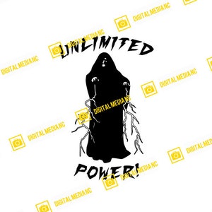 May include: A black graphic of a hooded figure with lightning bolts, the word "UNLIMITED" above and "POWER!" below. The design is on a white background. The image has a dark, ominous theme.