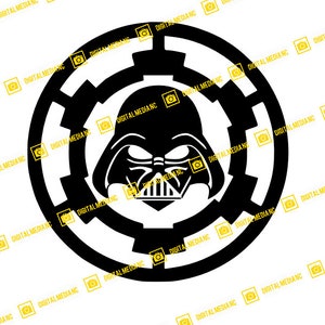 Puede incluir: Silueta en blanco y negro del casco de Darth Vader dentro de un círculo con un patrón de engranaje.