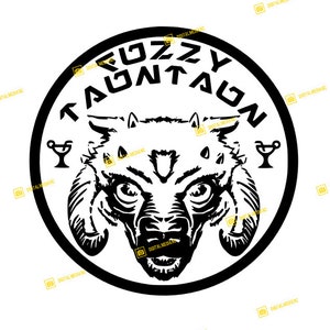 May include: Black and white illustration of a stylized ram's head with the text "Fuzzy Mountain" around the outside. Two martini glasses are on either side of the ram's head.