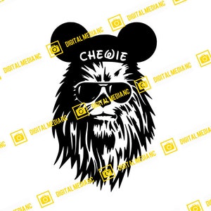 May include: Black and white silhouette of Chewbacca wearing Mickey Mouse ears and sunglasses. The text "CHEWIE" is above the sunglasses.