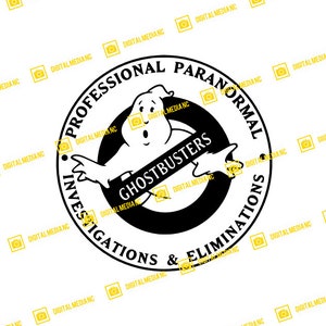 May include: A black and white Ghostbusters logo. The design features a circular frame with the words "PROFESSIONAL PARANORMAL INVESTIGATIONS & ELIMINATIONS." Inside, a cartoon ghost points towards the word "GHOSTBUSTERS."