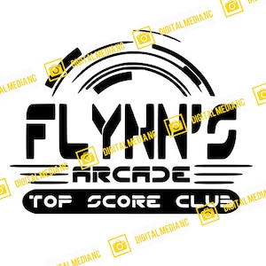 May include: Black and white logo for Flynn's Arcade, a top score club. The logo features a stylized arcade game graphic with the text "Flynn's Arcade" and "Top Score Club".