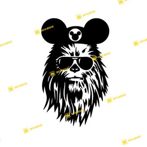 May include: Black and white silhouette of a furry creature wearing Mickey Mouse ears and sunglasses. The creature has a long, bushy beard and a serious expression.