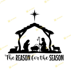 以下が含まれることがあります： 「The Reason for the Season」のテキストが入った、黒いシルエットの降誕シーン。 マリア、ヨセフ、飼い葉桶の中の幼いイエス、2匹の羊、そして納屋の上にある星が描かれています。