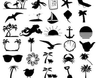 May include: A collection of black silhouette illustrations featuring beach and ocean-themed elements. Includes a surfer, palm trees, a sailboat, starfish, sunglasses, a crab, and a bottle of sunscreen.