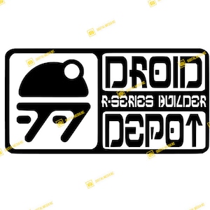 Könnte beinhalten: Schwarzweißes Logo mit einer R2-D2-Droiden-Silhouette und dem Text "Droid R-Series Builder Depot" mit einem nach oben zeigenden Pfeil.