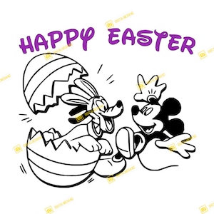 Könnte beinhalten: Schwarz-Weiß-Illustration mit Goofy, der aus einem zerbrochenen Osterei kommt, mit Micky Maus in der Nähe. Der Text "HAPPY EASTER" steht in Lila über den Figuren. Ein festliches Design für Ostern.