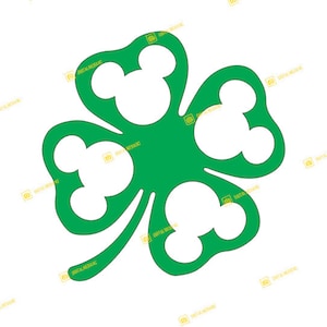 May include: A green four-leaf clover with white Mickey Mouse ears on each leaf.