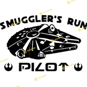 May include: Black and white graphic design featuring a spaceship with the text "Smuggler's Run Pilot" and a rebel alliance symbol on either side.