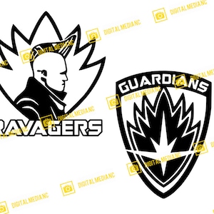 May include: Black and white graphic design featuring two logos. The first logo is a stylized image of a person with a mohawk and the text "Ravagers". The second logo is a shield with a star and the text "Guardians".