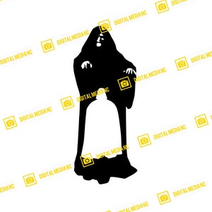 May include: Black and white silhouette of a person wearing a hooded robe and standing with their arms crossed. The person is standing in front of a smaller person who is also wearing a hooded robe.