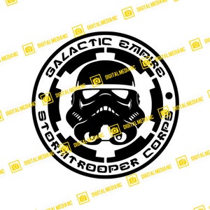 以下が含まれることがあります： ストームトルーパーのヘルメットの白黒のグラフィックデザイン。ヘルメットの周りに「ギャラクティックエンパイアストームトルーパー軍団」の文字が書かれています。
