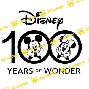 May include: Black and white logo celebrating 100 years of Disney. Mickey Mouse and Minnie Mouse are featured in the logo. The text reads "Disney 100 Years of Wonder".