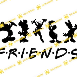 May include: Black and white silhouette illustration of four cartoon characters, Mickey Mouse, Minnie Mouse, Donald Duck, and Goofy, with the word "FRIENDS" written below them.