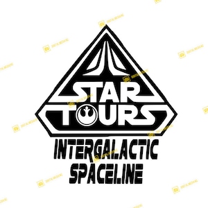 May include: Black and white logo for Star Tours: Intergalactic Space Line. The logo features a stylized spaceship with a triangle shape and the text "Star Tours" in a bold font.