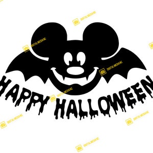 May include: Black and white silhouette of a cartoon mouse with bat wings and a dripping text that says "Happy Halloween".