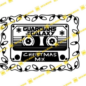 May include: Black and white illustration of a cassette tape with the words "Guardians of the Galaxy Christmas Mix" and a snowflake design. The cassette tape is surrounded by a string of Christmas lights.
