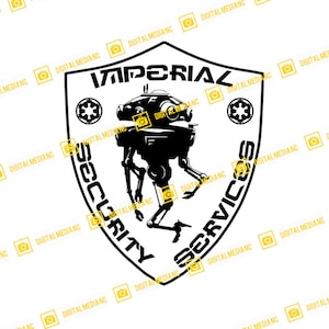May include: Black and white illustration of a shield with the text "Imperial Security Services" and a droid in the center.