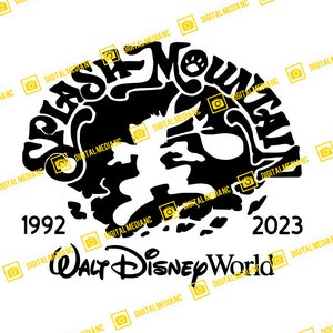 May include: Black and white graphic featuring the words "Splash Mountain" in a stylized font, with the years 1992 and 2023. The words "Walt Disney World" are also included in the design.